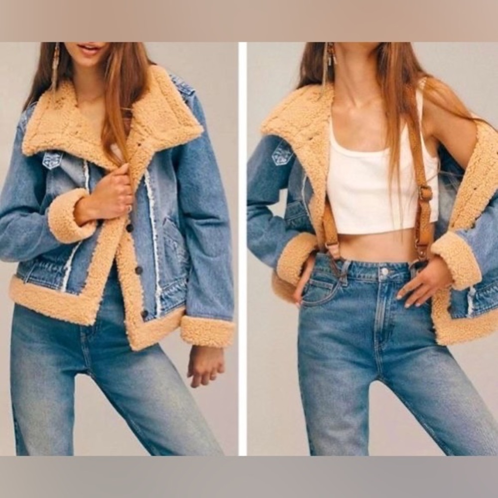 Free People Rylee Cozy Sherpa faux fur Moto Jacket in blue size M